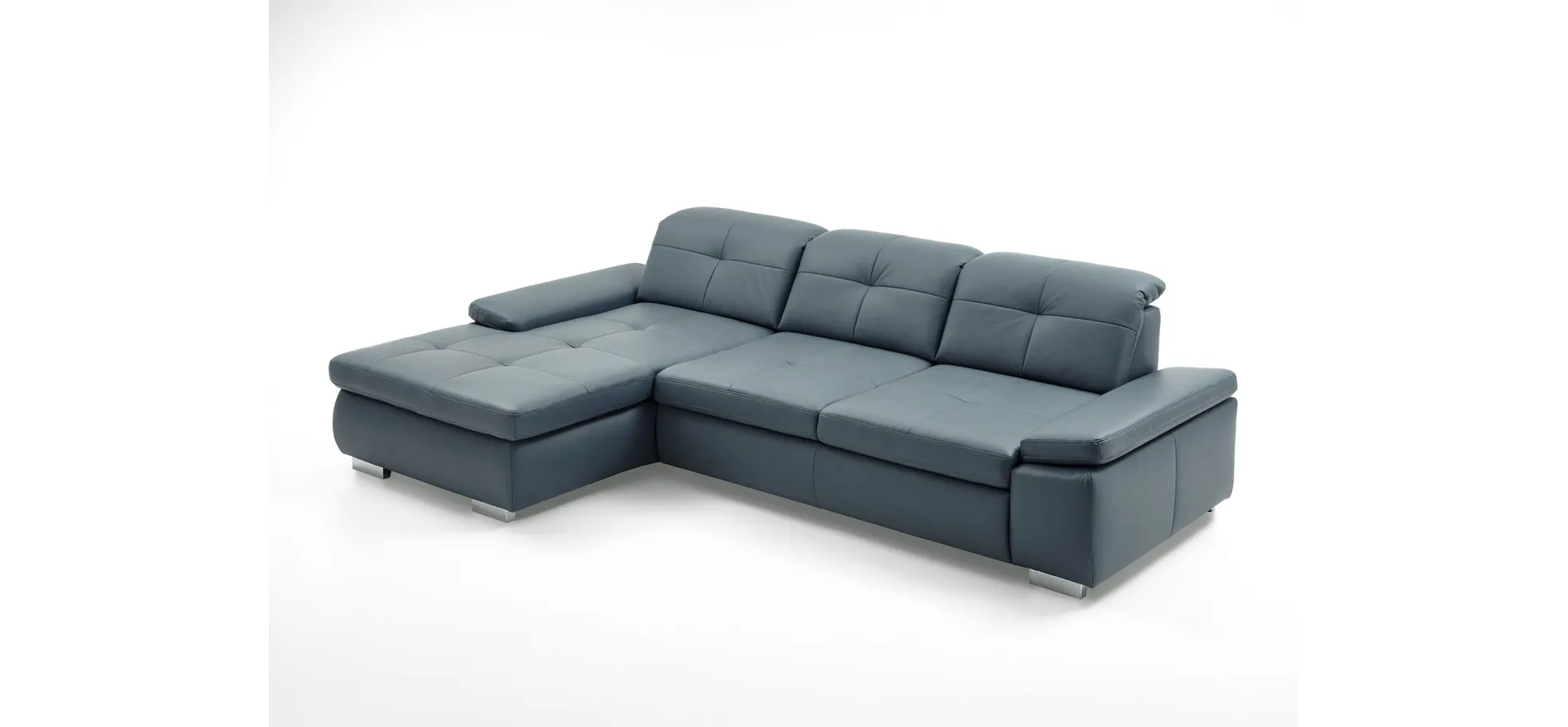 Ecksofa - Longchair links mit 3-Sitzer inkl. Sitztiefenverstellung, Leder, Graublau