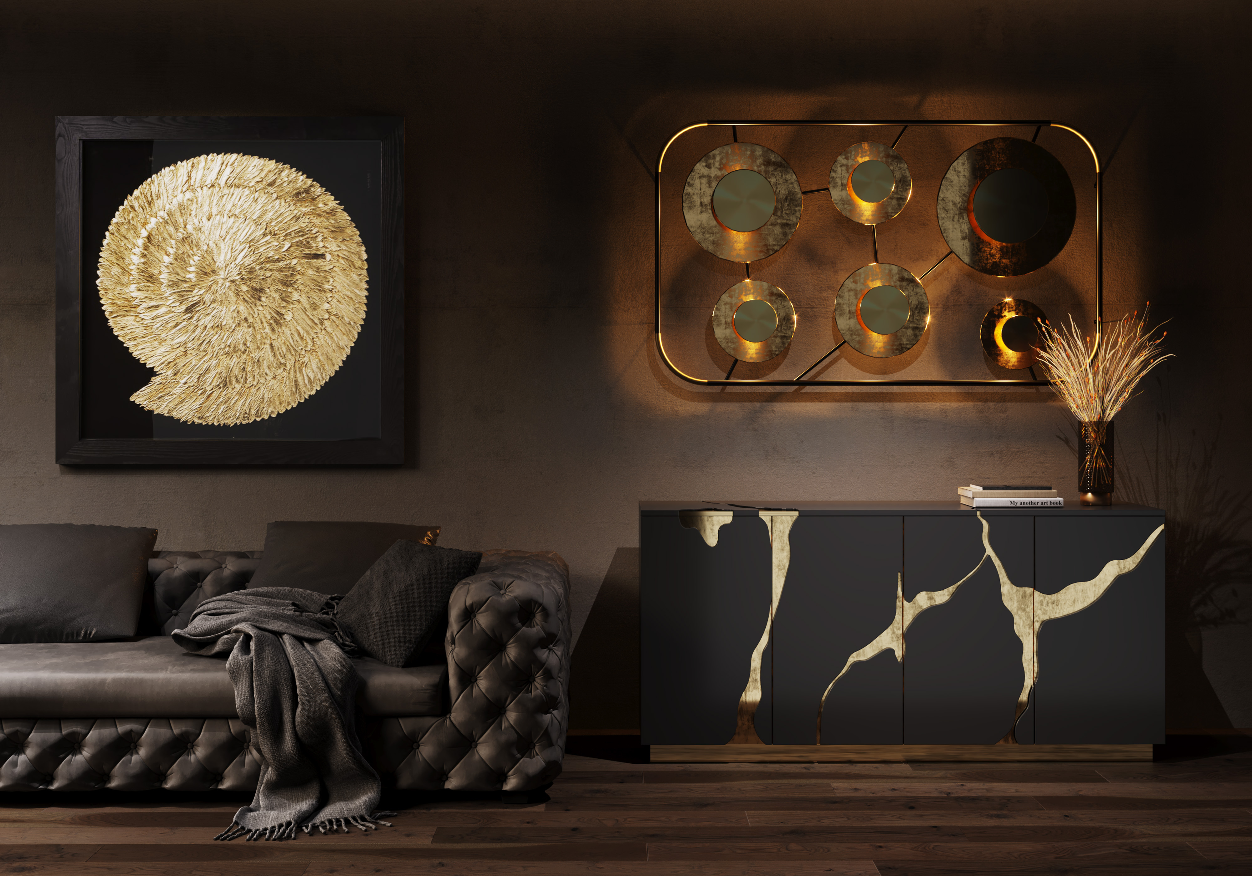 Sideboard, schwarz/gold, 4 Türen - Cracked