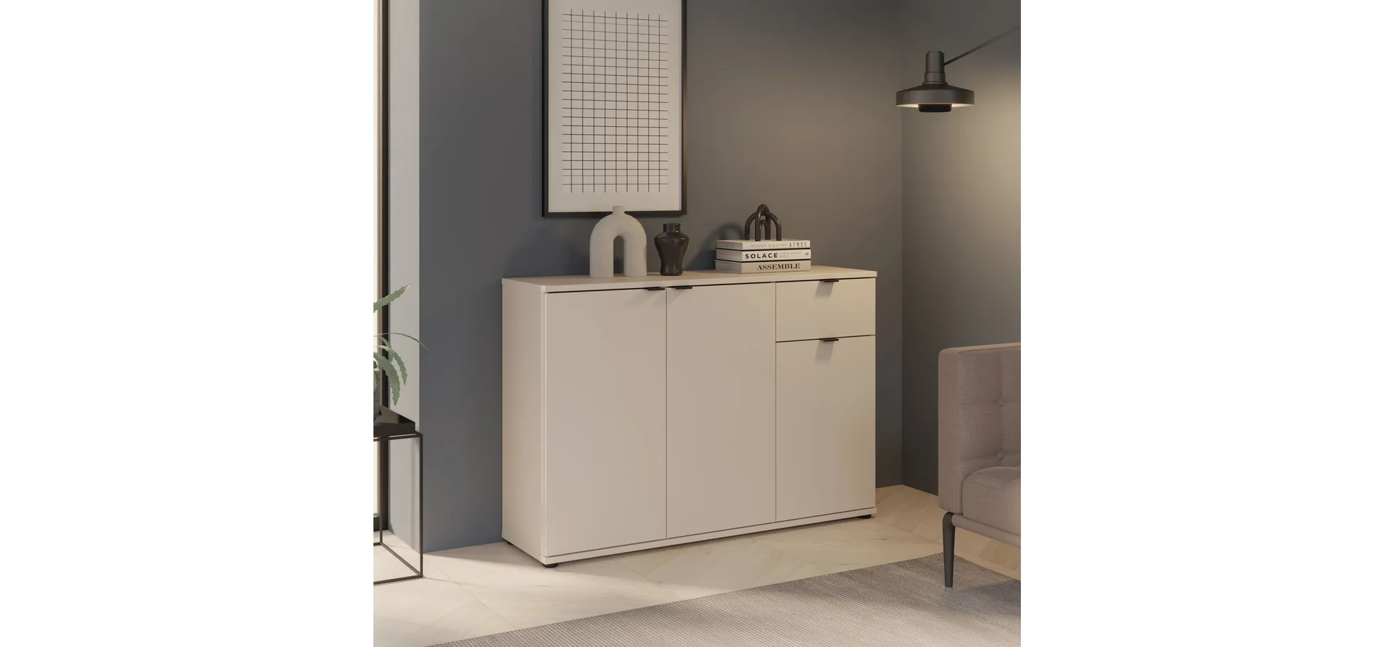 Kommode, Sand, 3 Türen, 1 Schub - Finella