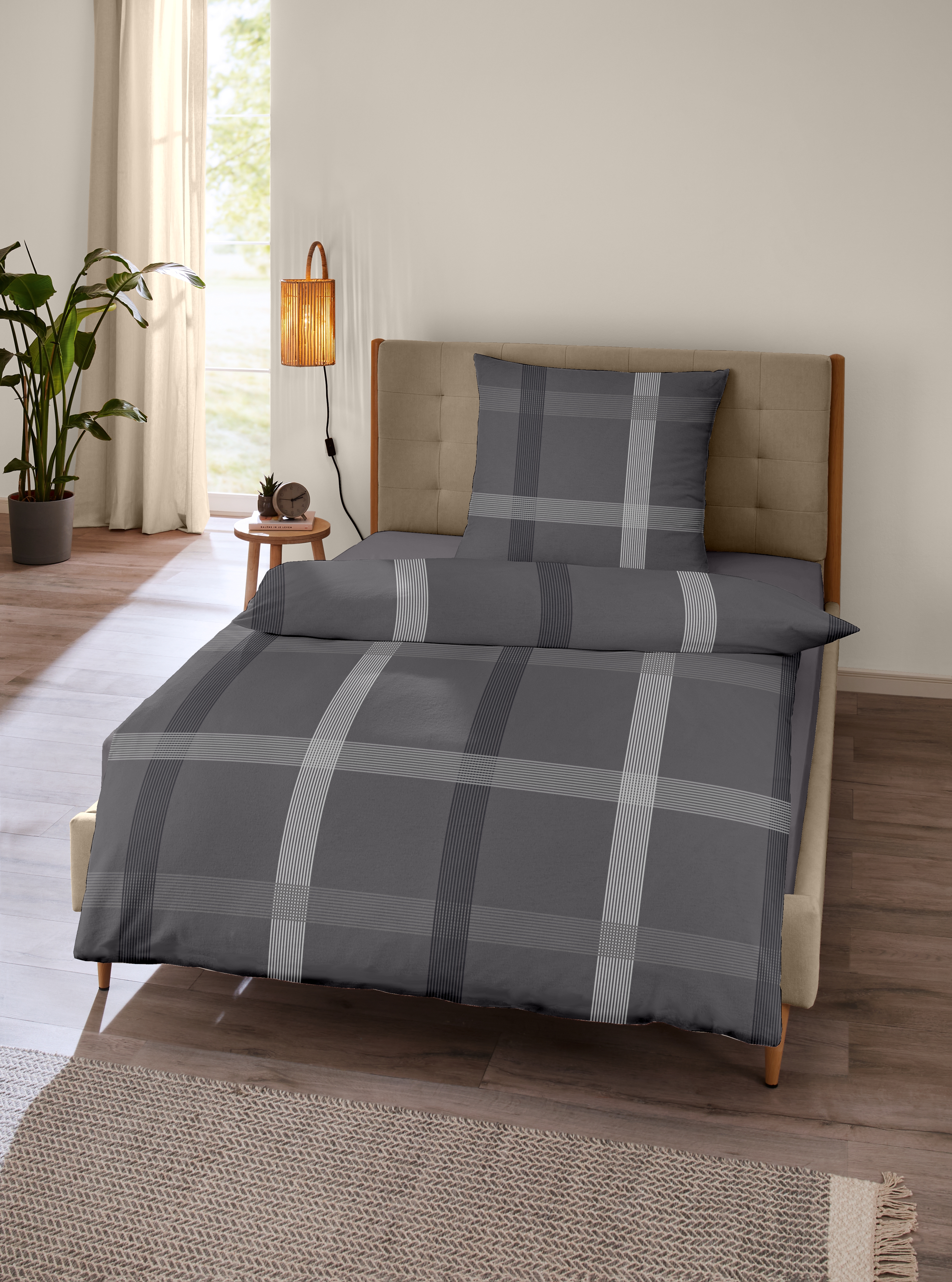 CASEA Mako-Satin-Bettwäsche - Georgias,155x220cm, anthrazit, kariert