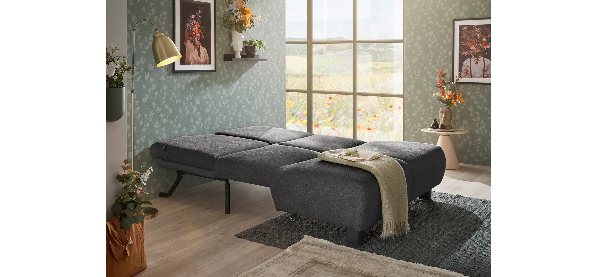  Faltsofa EBBY - 2-Sitzer ohne Armlehne, 140 cm inkl. Schlaffunktion, Stoff, Dunkelgrau