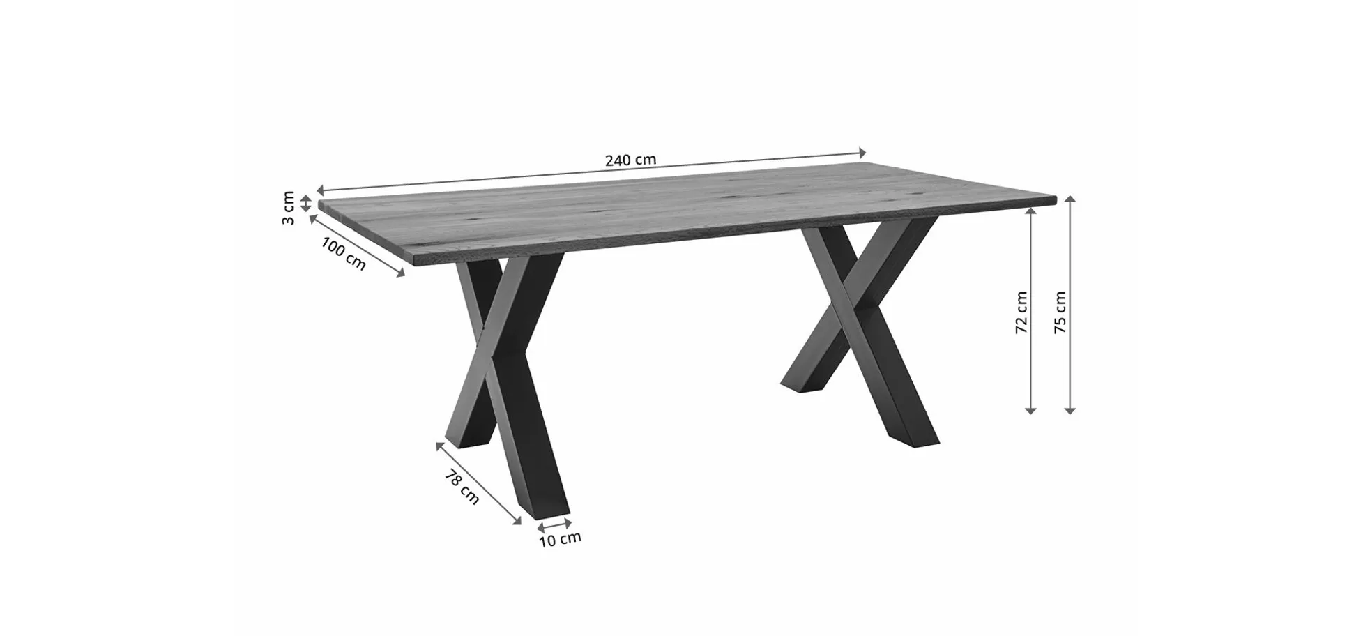 Esstisch - LB ca. 240x100 cm, Wildeiche massiv geölt, Baumkante, Schwarz