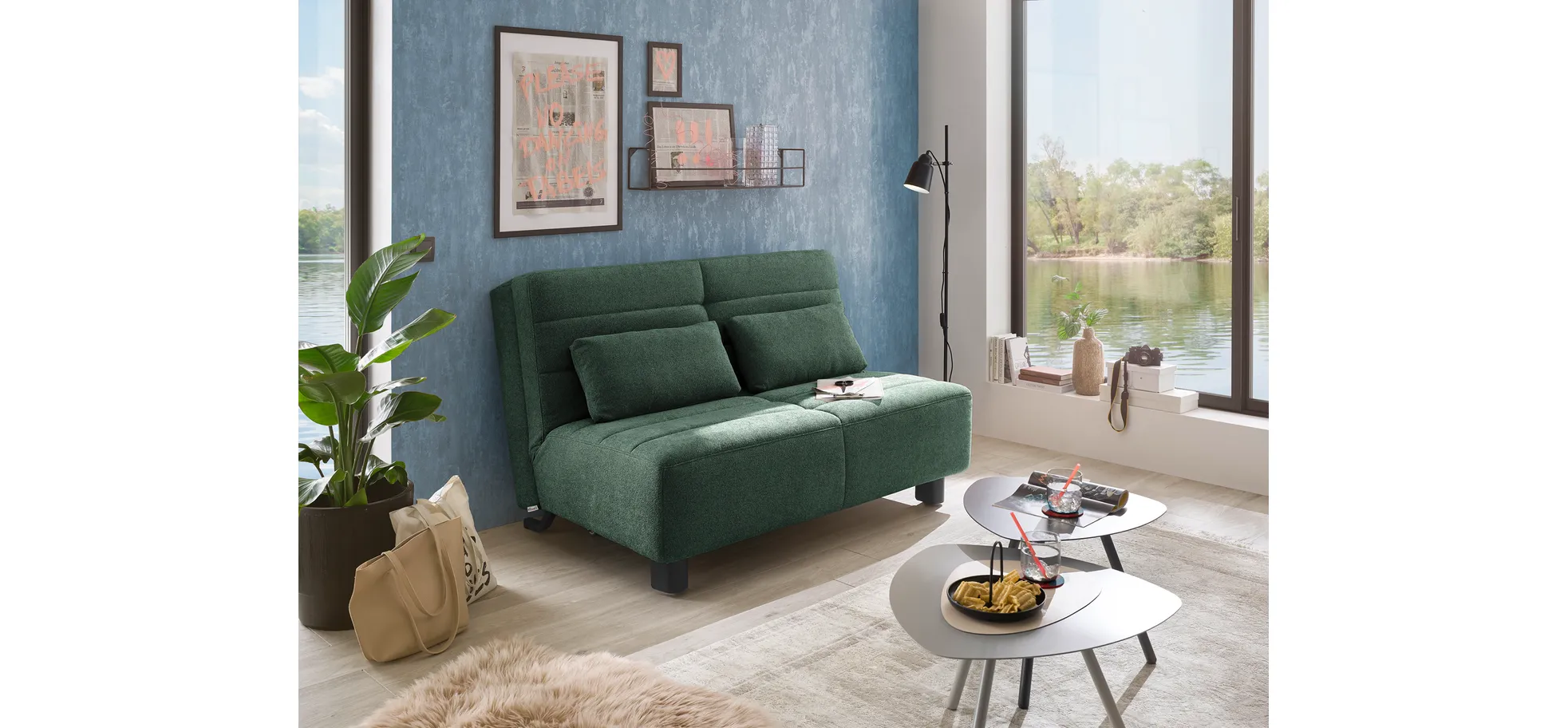  Faltsofa Easy - 2-Sitzer ohne Armlehne, ca. 140 cm inkl. Schlaffunktion, Stoff, Dunkelgrün