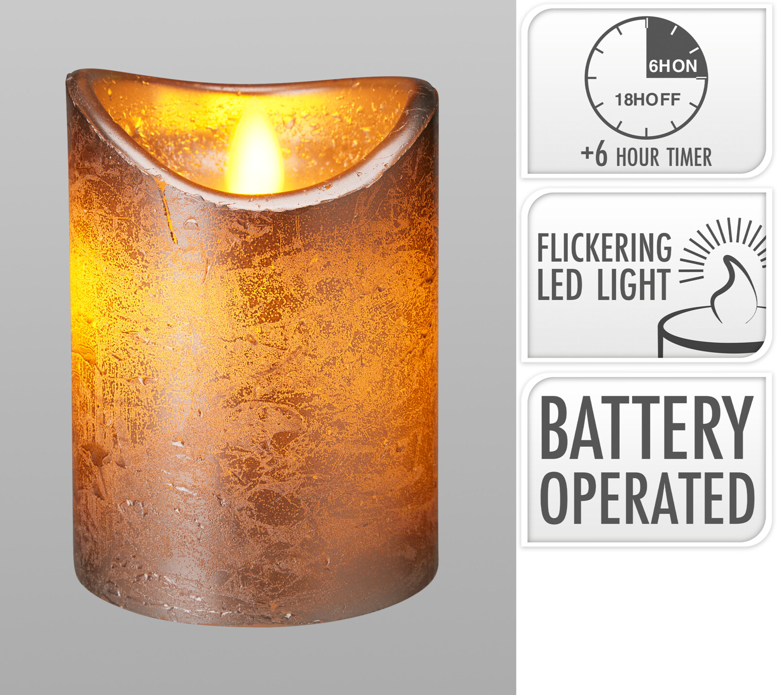LED Kerze 7,5x10cm - timer, batteriebetrieb, Braun/Gold