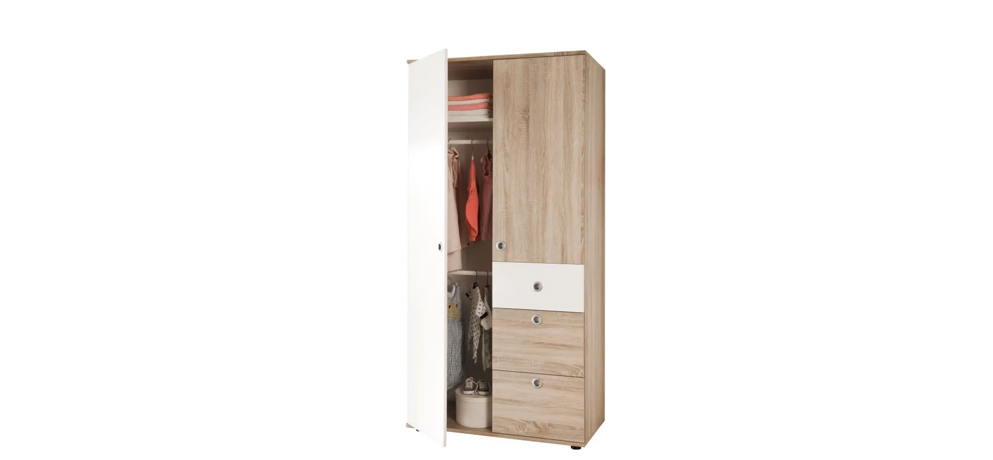 Drehtürenschrank- B ca. 90 cm, Eiche Dekor, Weiß