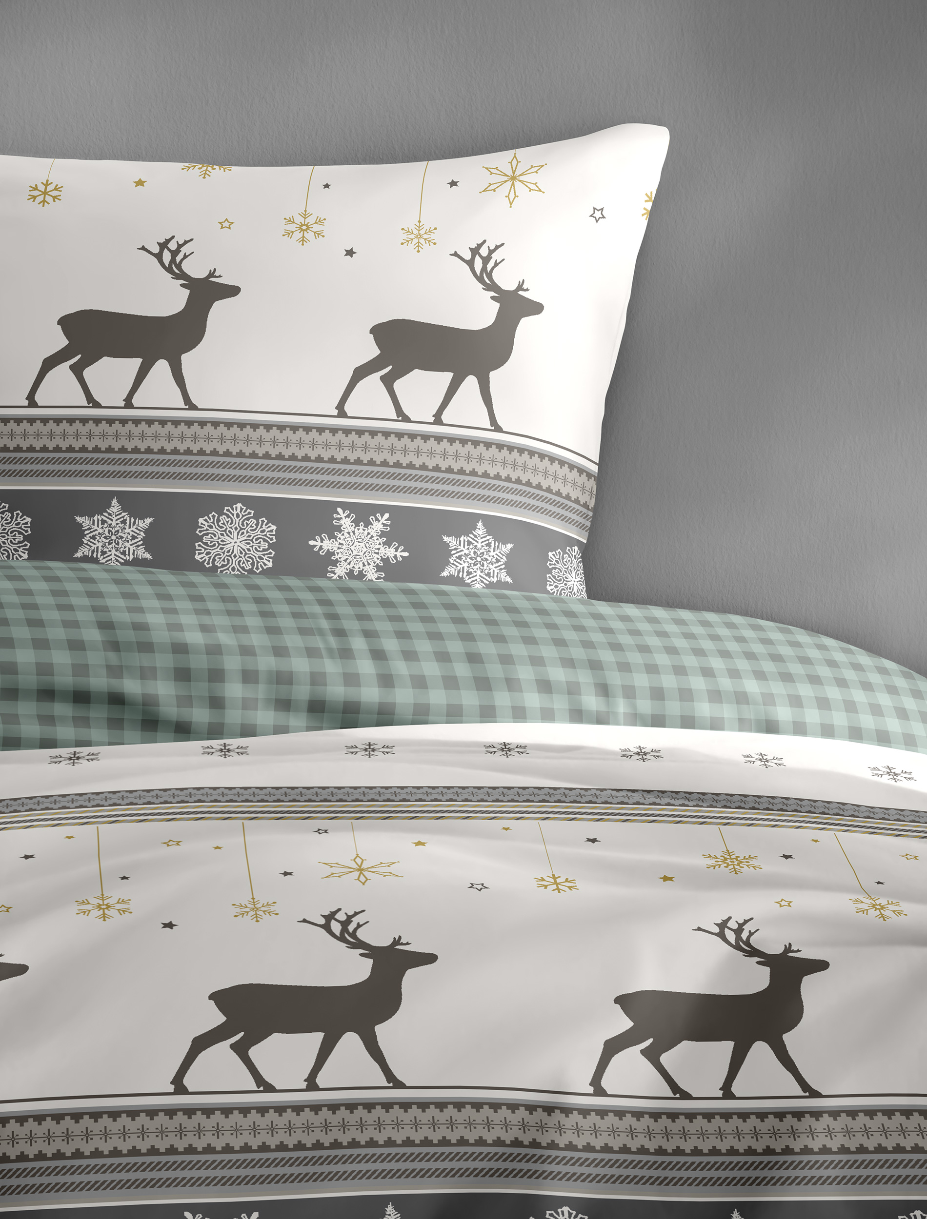 Bettwäsche Hirsch, 135x200cm - feinbiber, 100% baumwolle, grau/jade