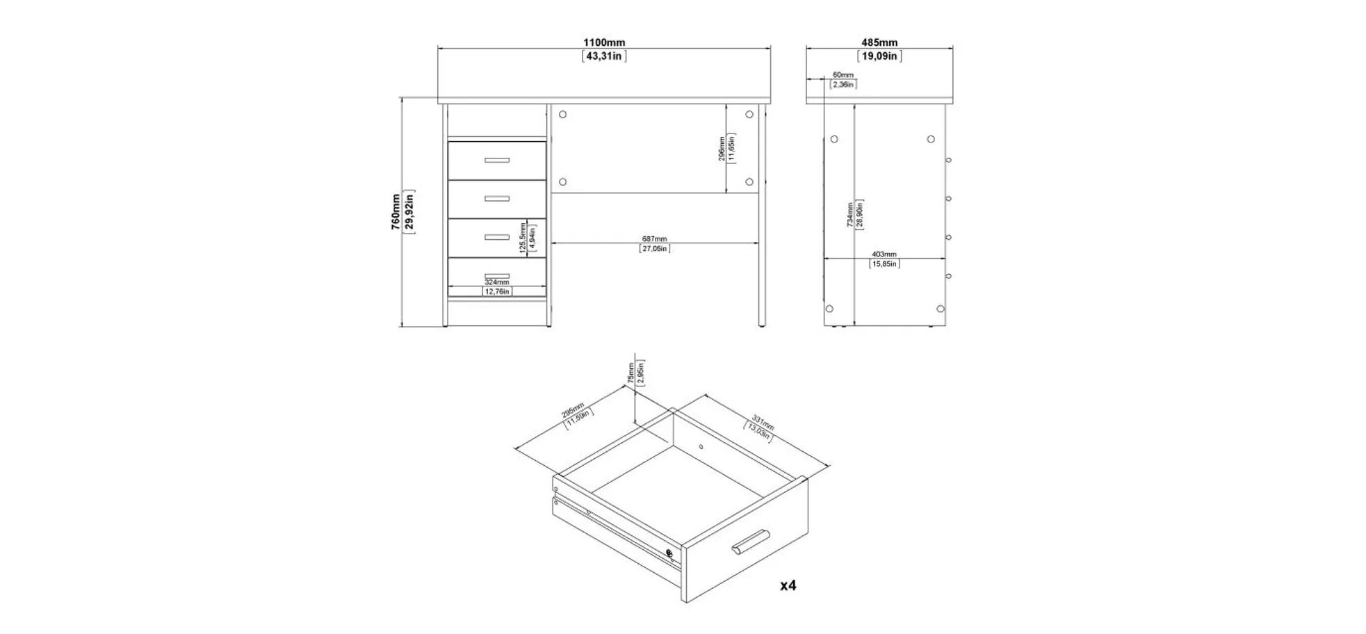 Schreibtisch - LB ca. 110x49 cm, Eiche Struktur Nachbildung