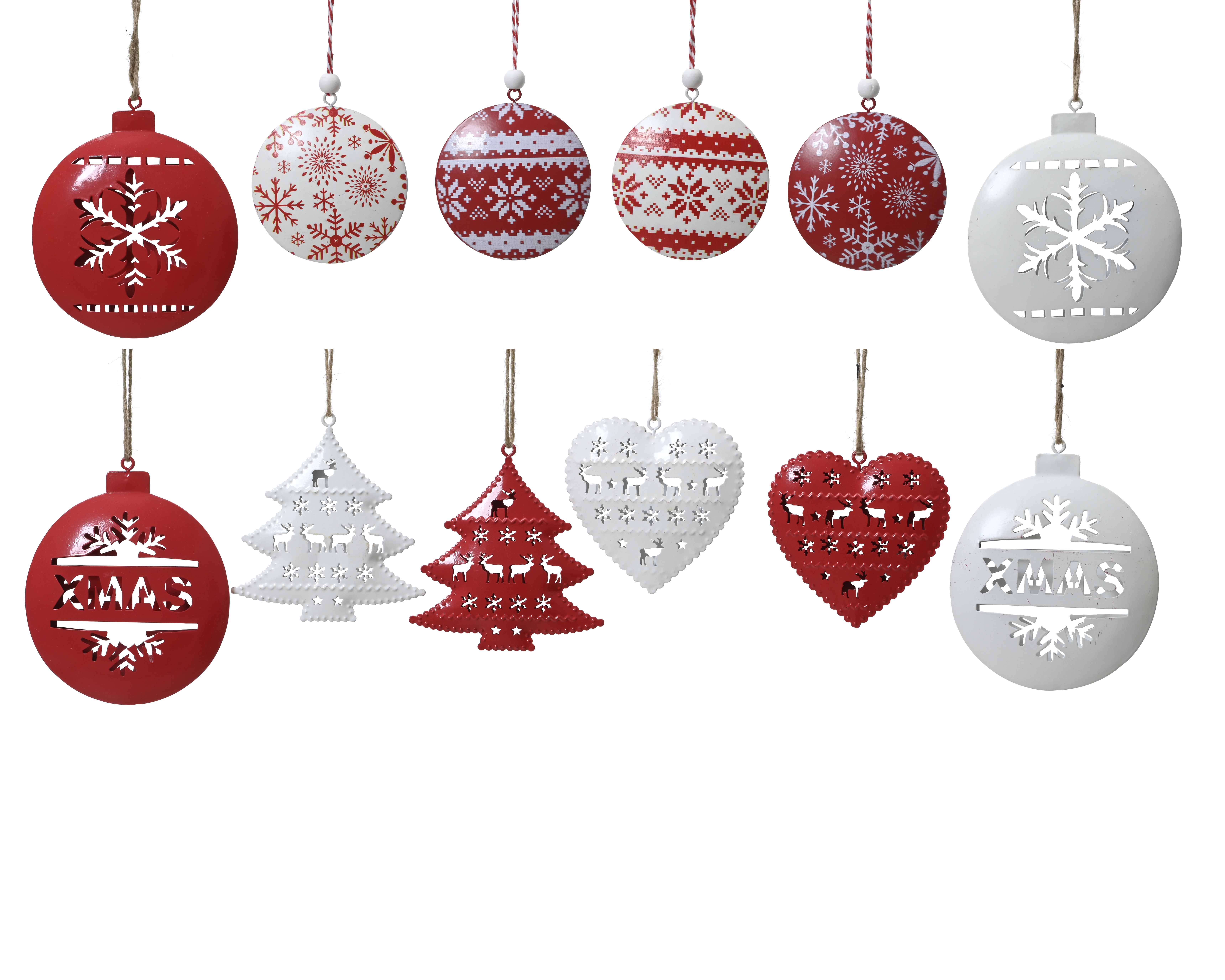 Hänger Kugel/Herz/Baum - rot/weiss, Eisen, L3-W7-H7cm