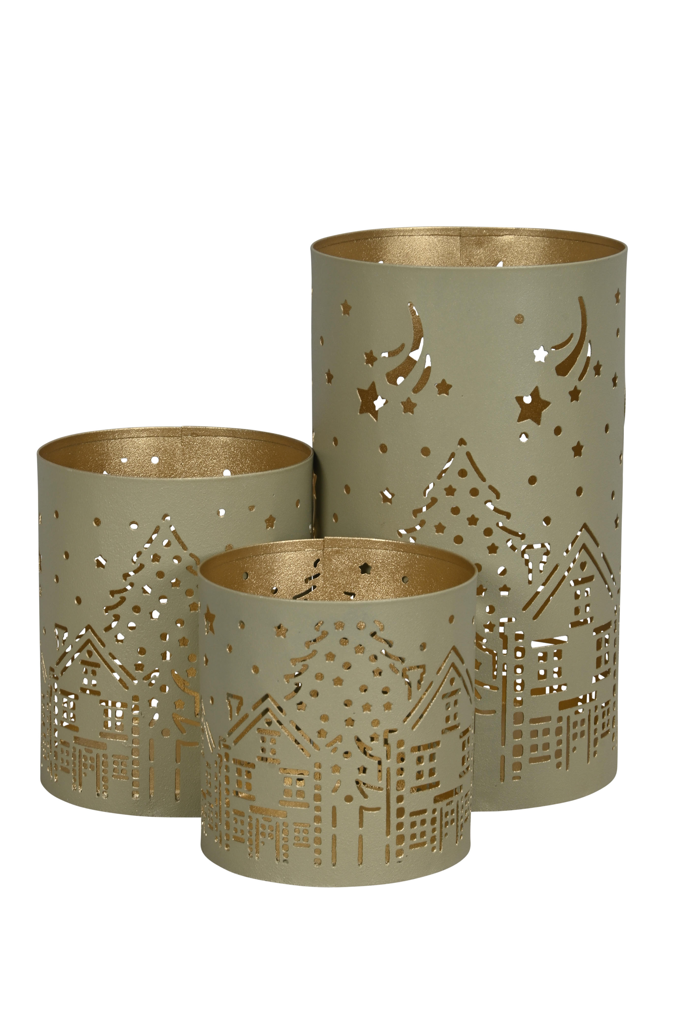 Windlicht Stadt, mittel - creme-gold, 10,5x12cm