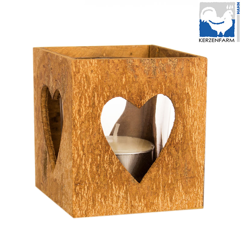 Teelichthalter aus Zimtrinde, eckig Herz - 70x60mm
