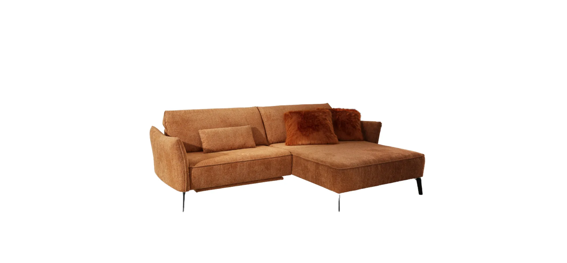 Ecksofa - 1-Sitzer mit Longchair rechts, Kopfteil verstellbar, Stoff, Curry