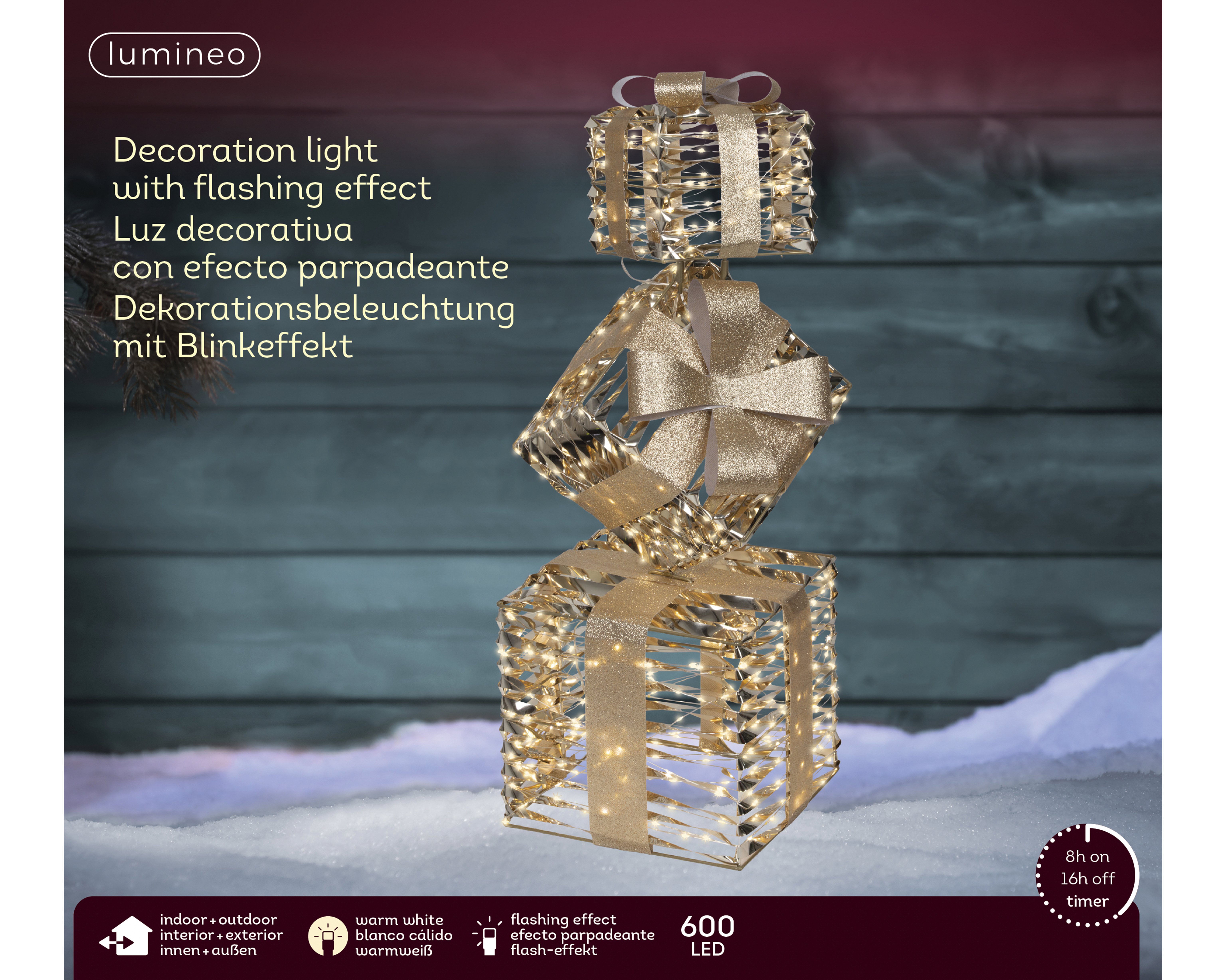 LED Geschenkschachtel - gold/warmes weiss, PET, L25-W25-H73cm-600L