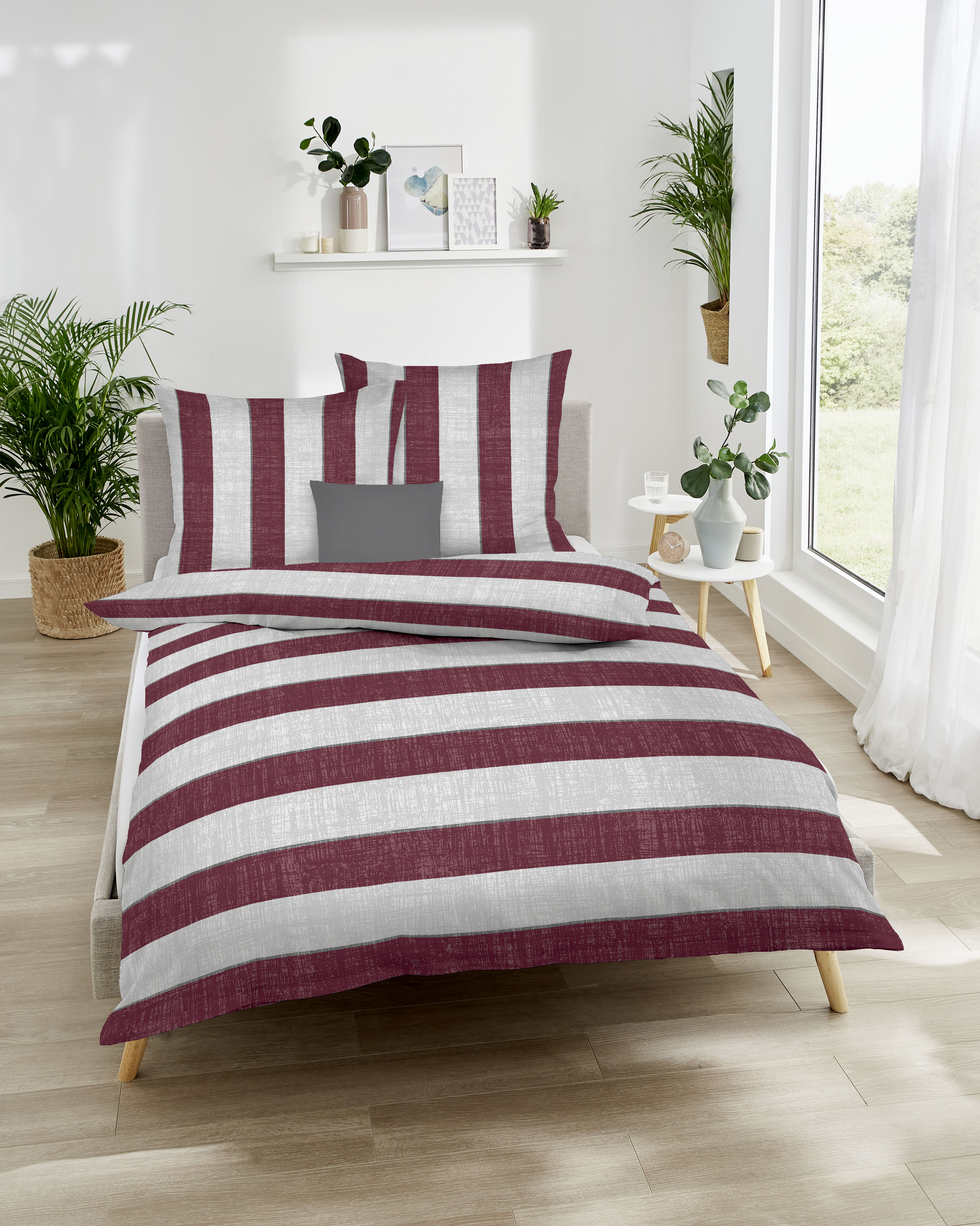 Feinbiber Bettwäsche College, 100 % Baumwolle - 135x200cm, rubin/weiß/Streifen