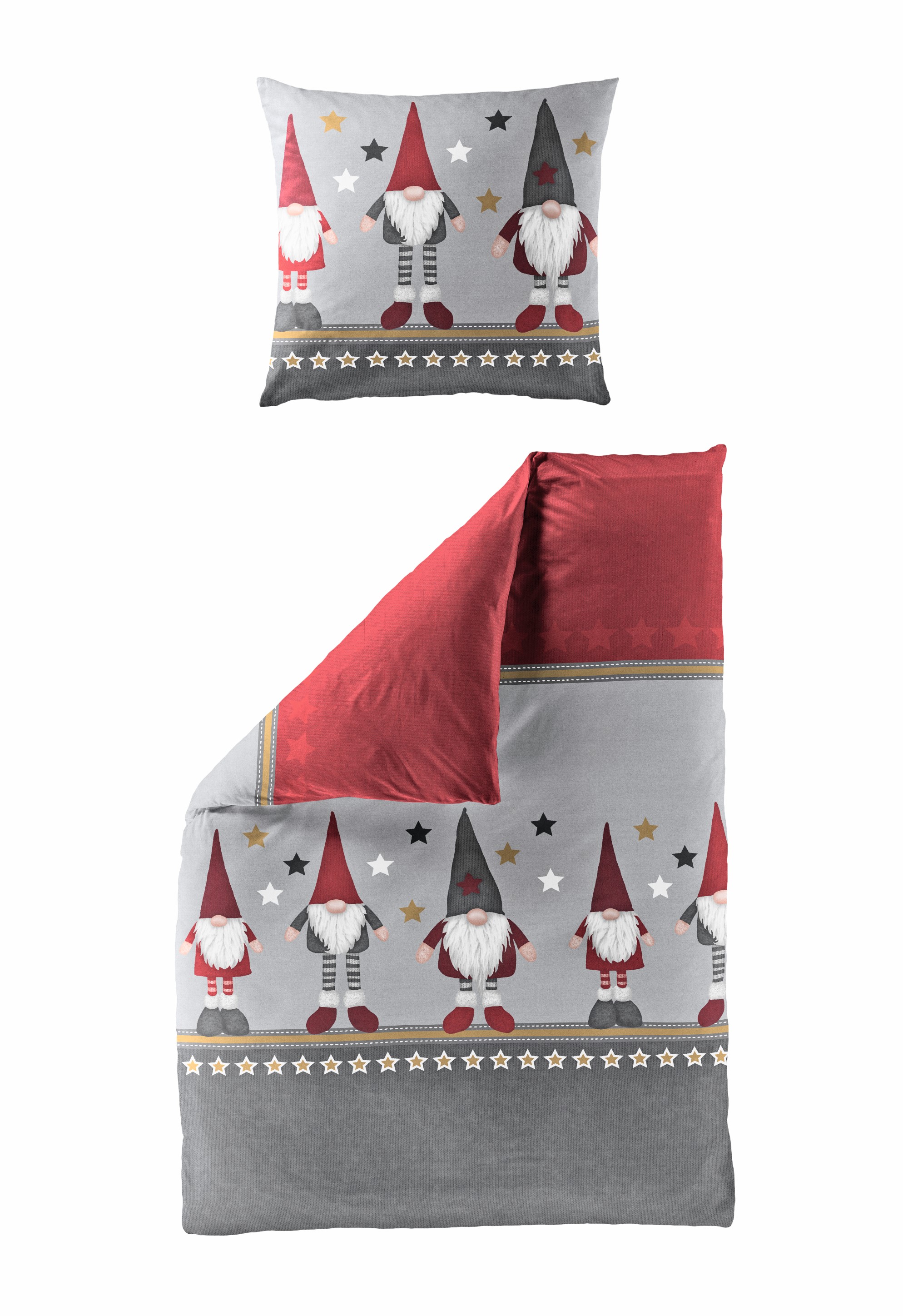 Bettwäsche Wichtel, 135x200cm - feinbiber, 100% baumwolle, grau/rot