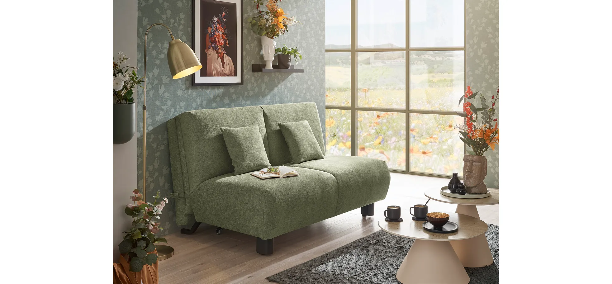  Faltsofa EBBY - 2-Sitzer ohne Armlehne, 140 cm inkl. Schlaffunktion/Relaxfunktion, Stoff, Grün