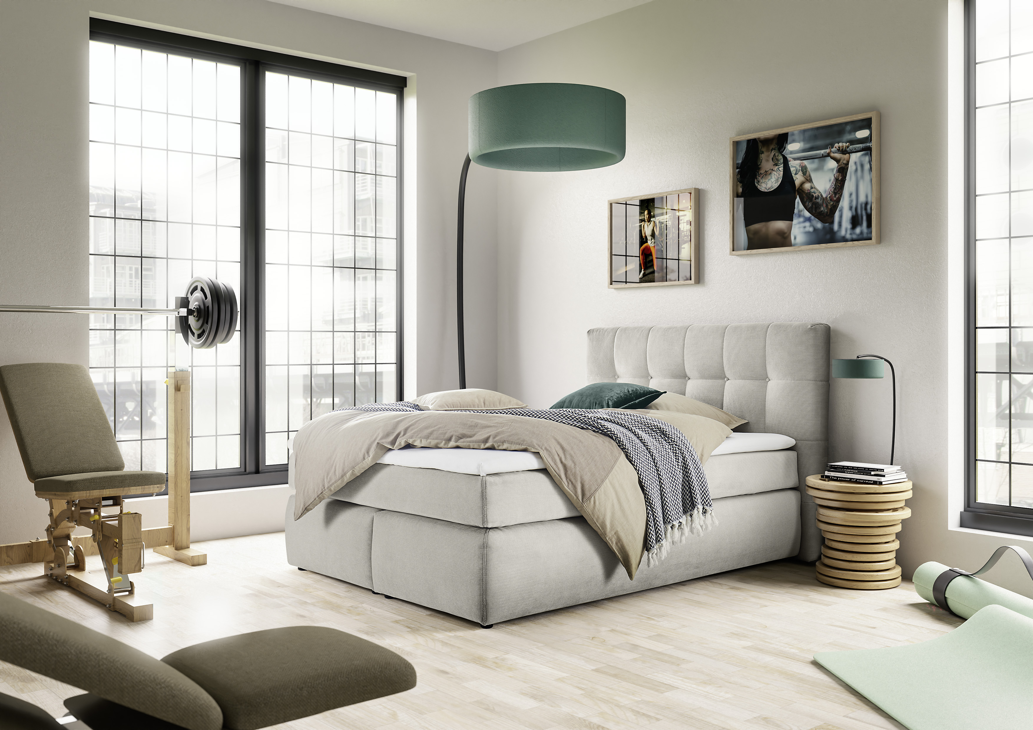 Boxspringbett, Feincord beige, - Janah