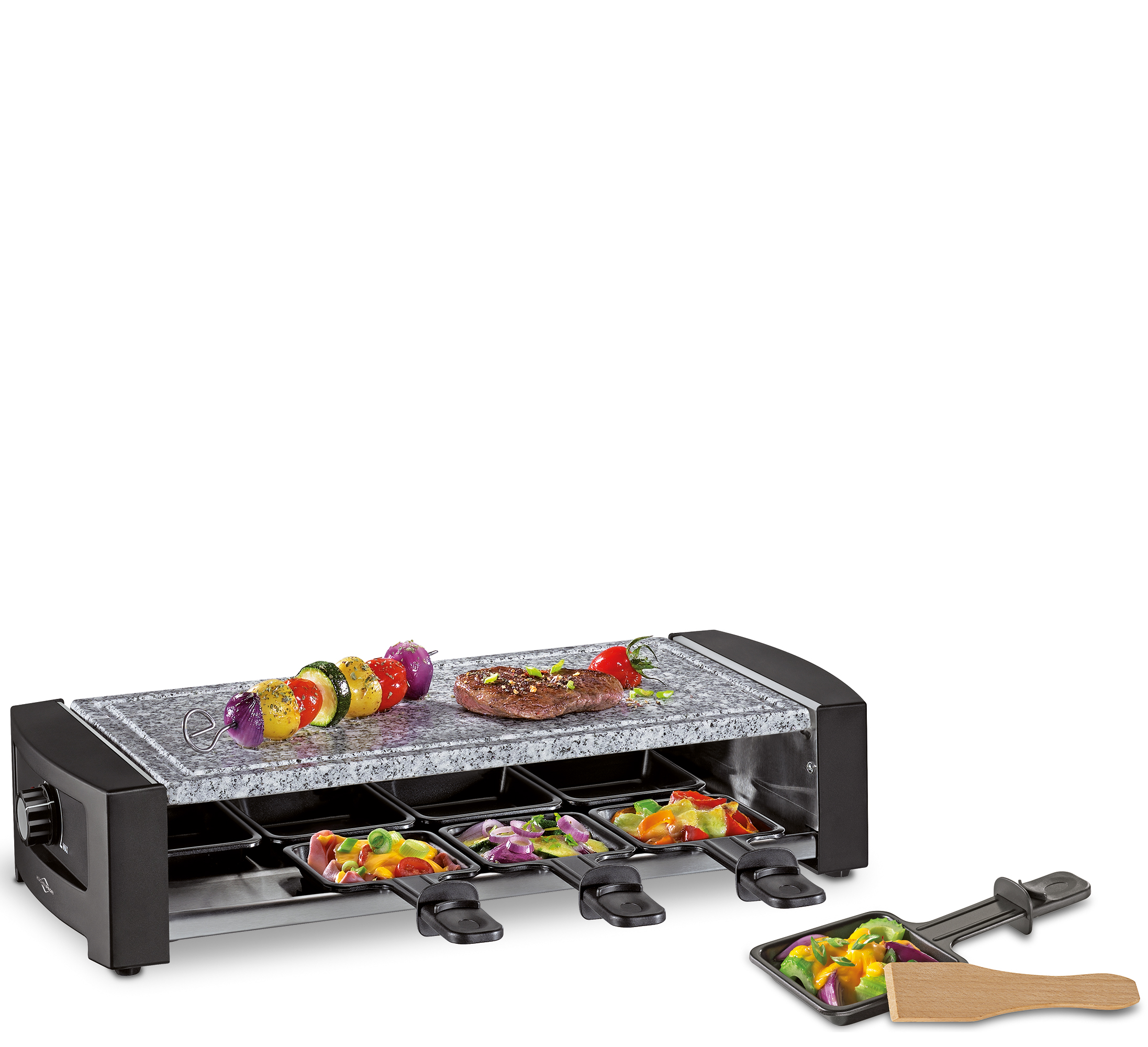 Raclette HOT STONE8 - Granitstein, 8 Pfännchen/Schaber, 1200 W