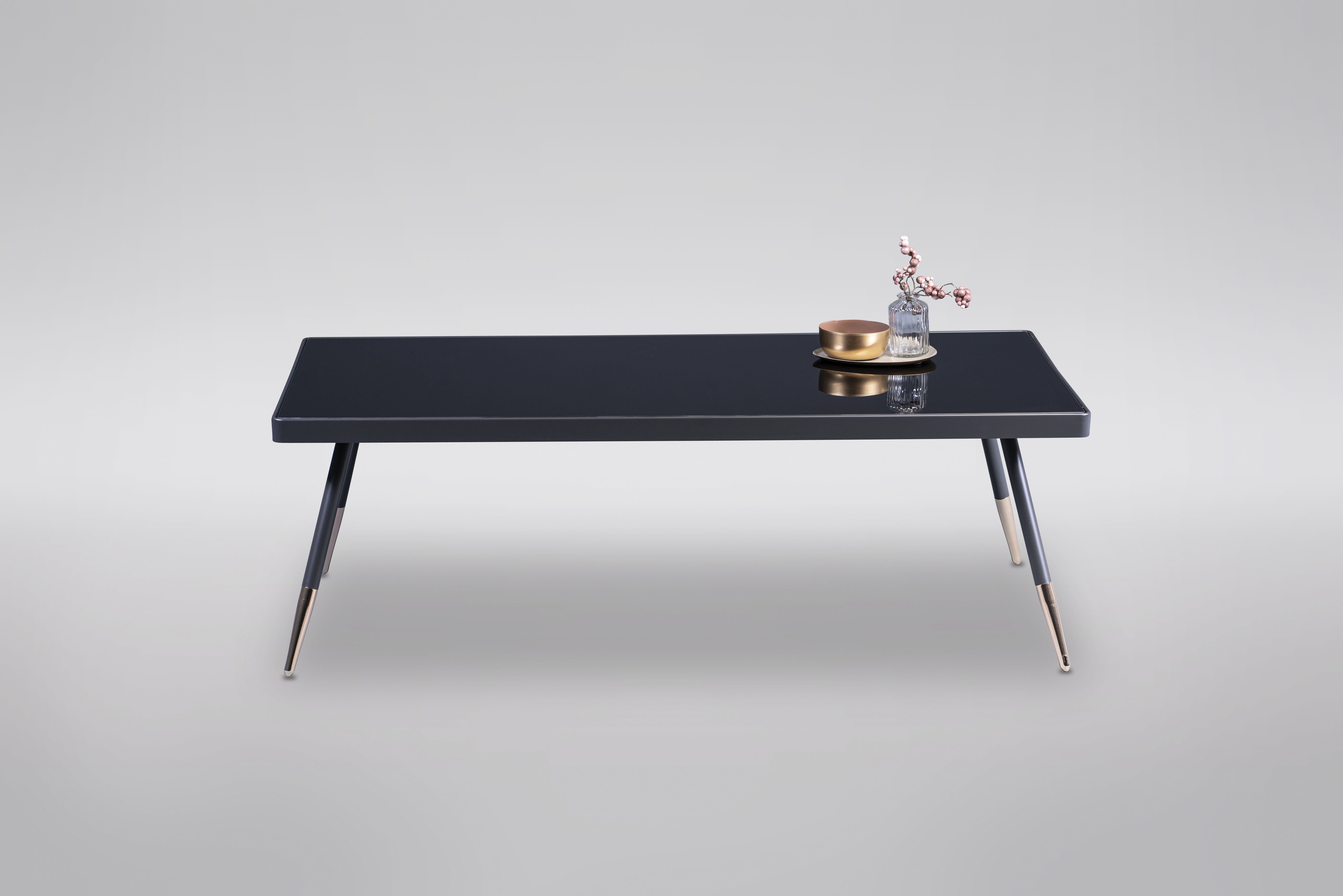 Couchtisch, Glas schwarz, Fußkappen gold - MyTogo390