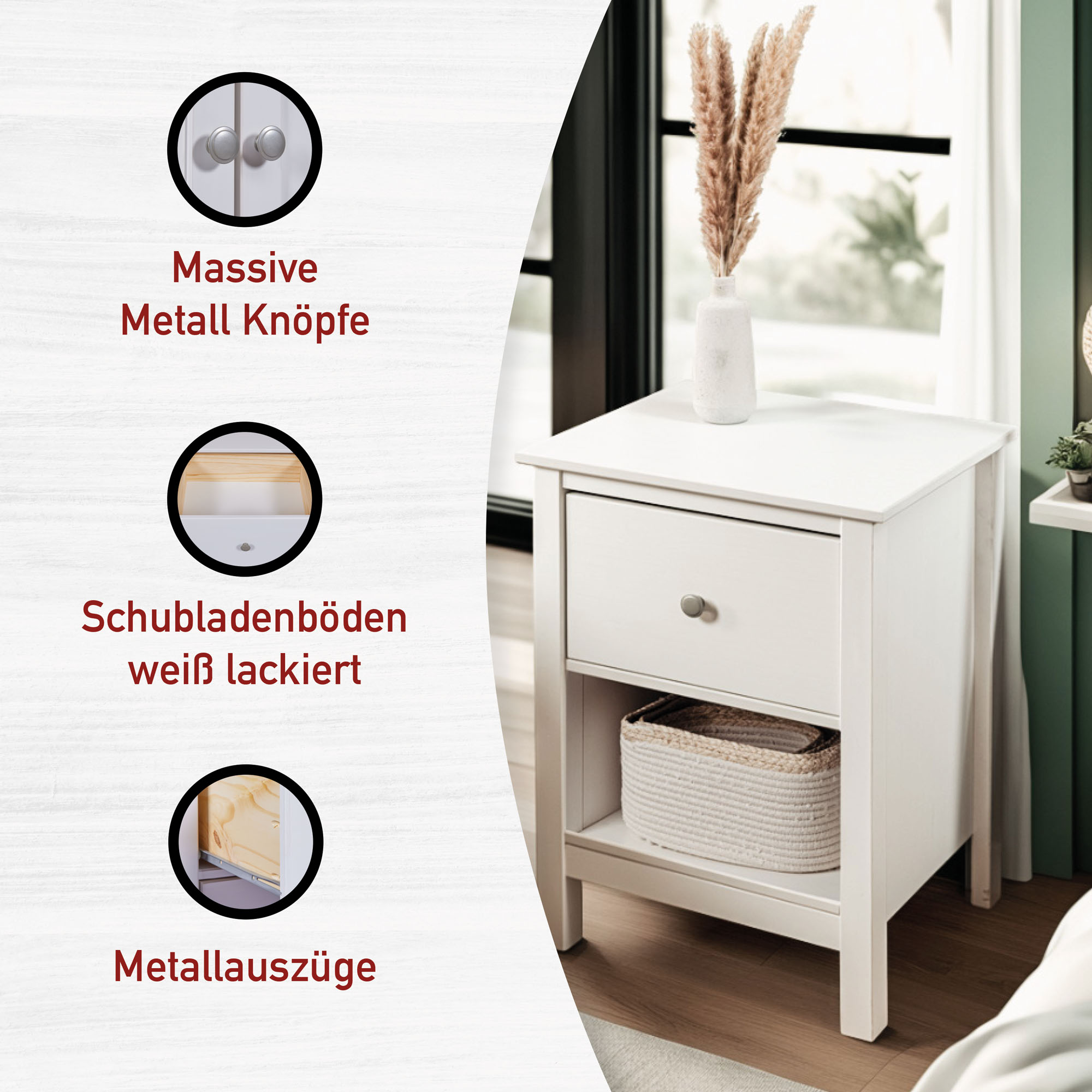 Nachtkommode, Massivholz weiß lackiert - MyStyle 3076