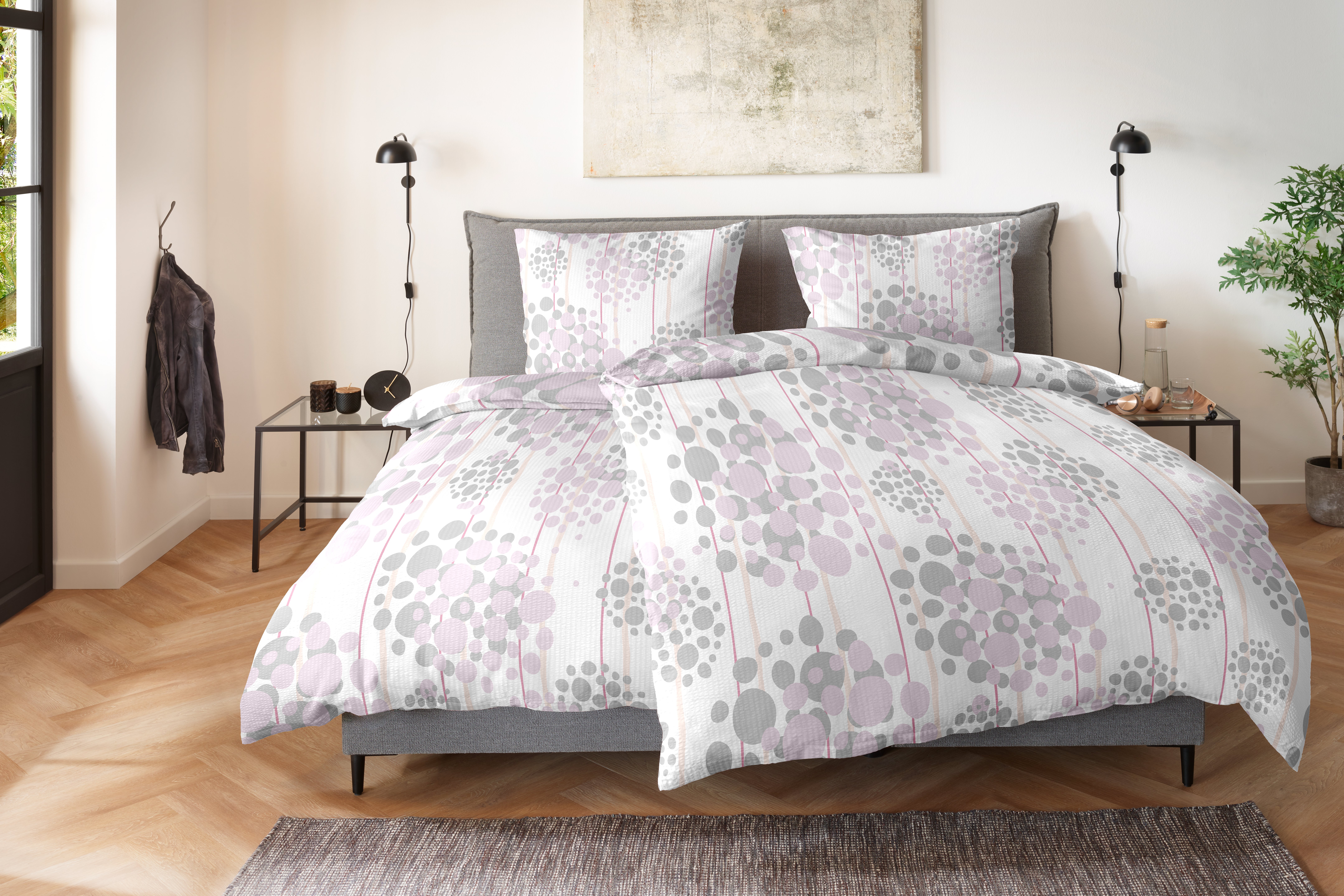 Baumwoll-Seersucker-Bettwäsche - 155x220cm, rosa-grau, 100% Baumwolle