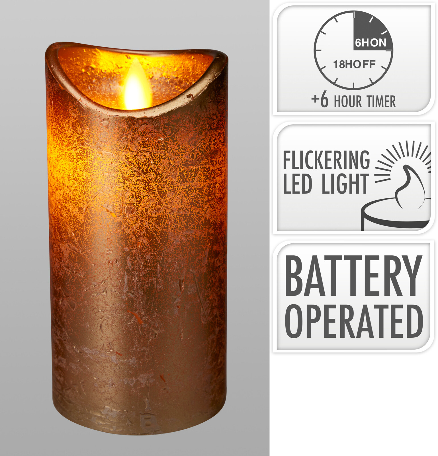 LED Kerze 7,5x15cm - timer, batteriebetrieb, gold/Braun