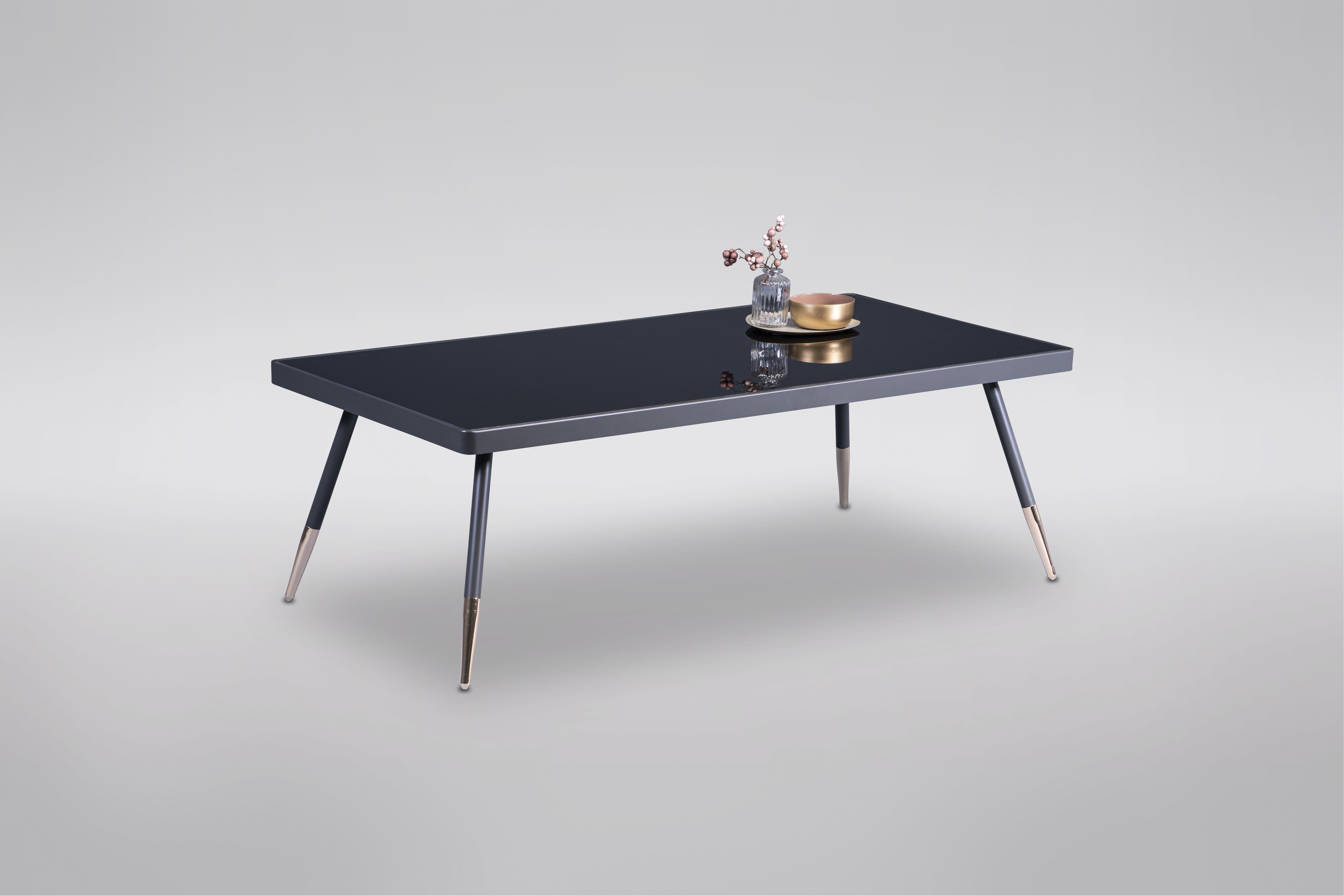 Couchtisch, Glas schwarz, Fußkappen gold - MyTogo390