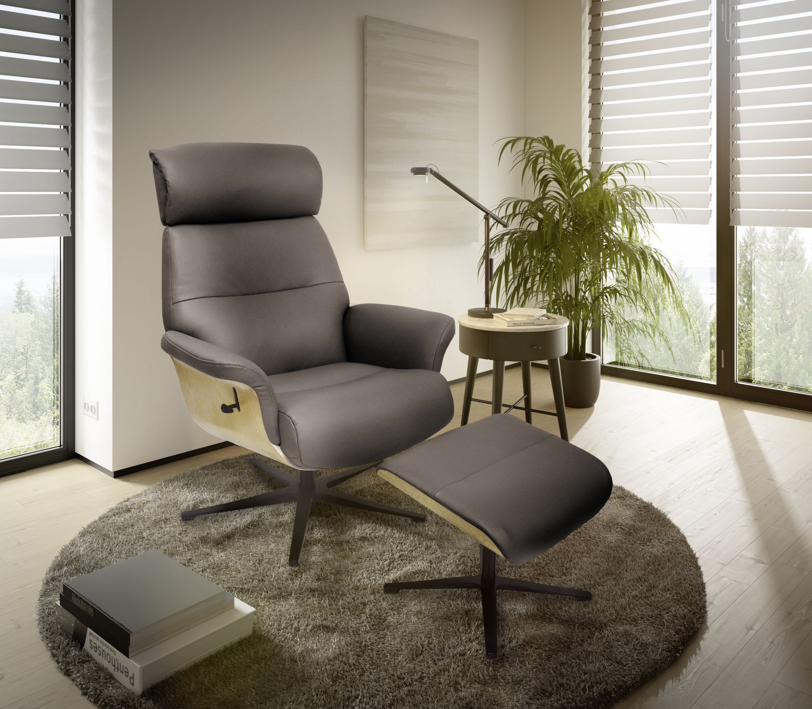 Relaxsessel mit Hocker, Leder dunkelbraun - Moani