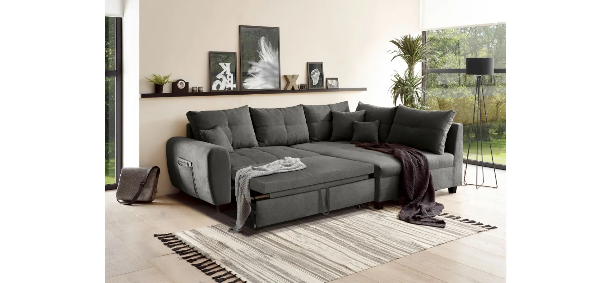 Ecksofa - 1,5-Sitzer, Ecke rechts, Schlaffunktion, Microvelour Steingrau