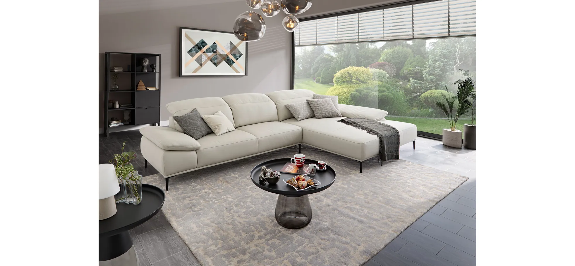 Ecksofa - 3-Sitzer mit Longchair rechts, Leder, Grau