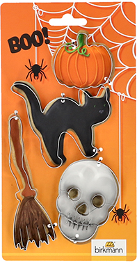 Ausstecher-Set Halloween - Edelstahl, 4 Motive Halloween (Katze/Kürbis/Besen)