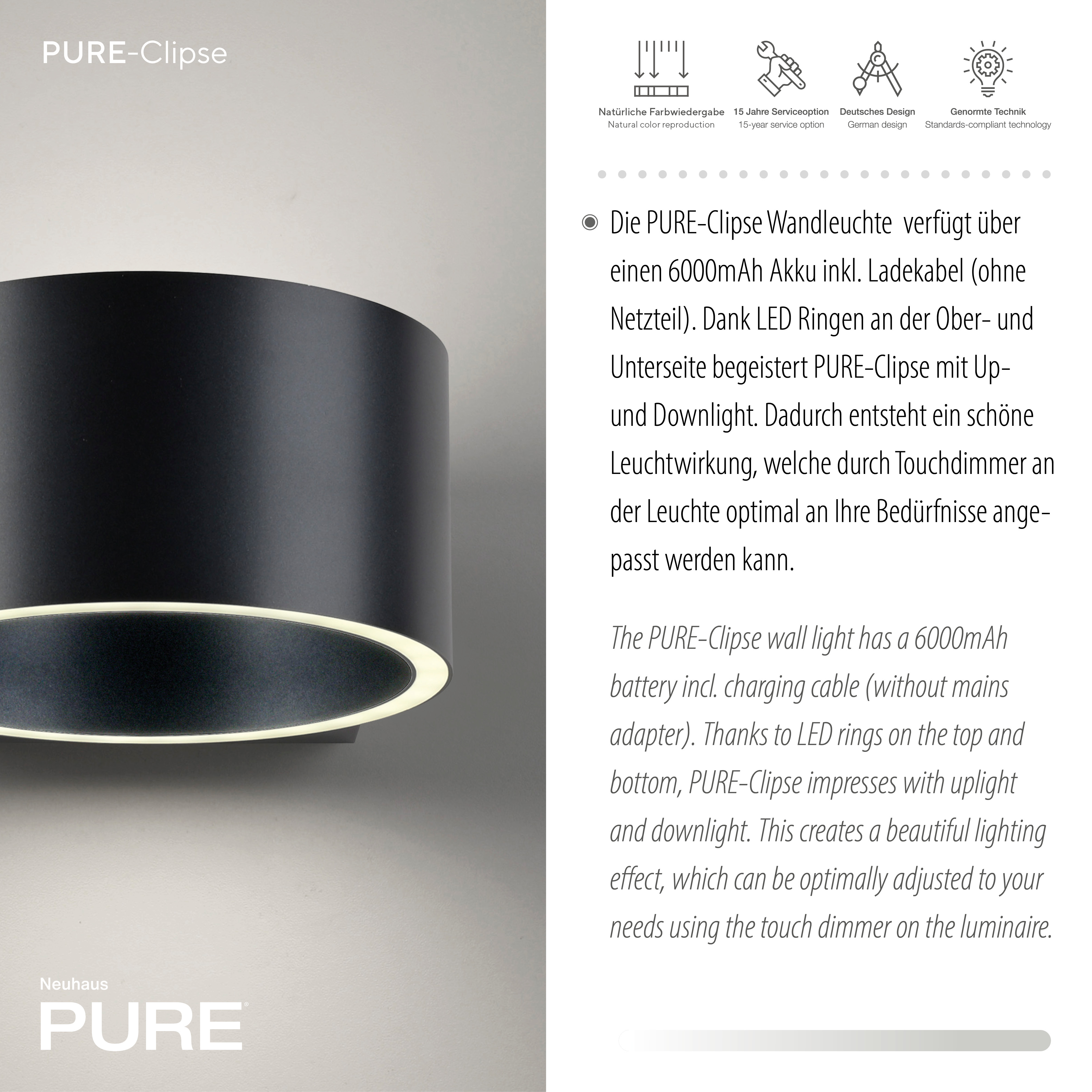 Wandleuchte PURE Clipse - grau, Akku, inkl. USB-Kabel