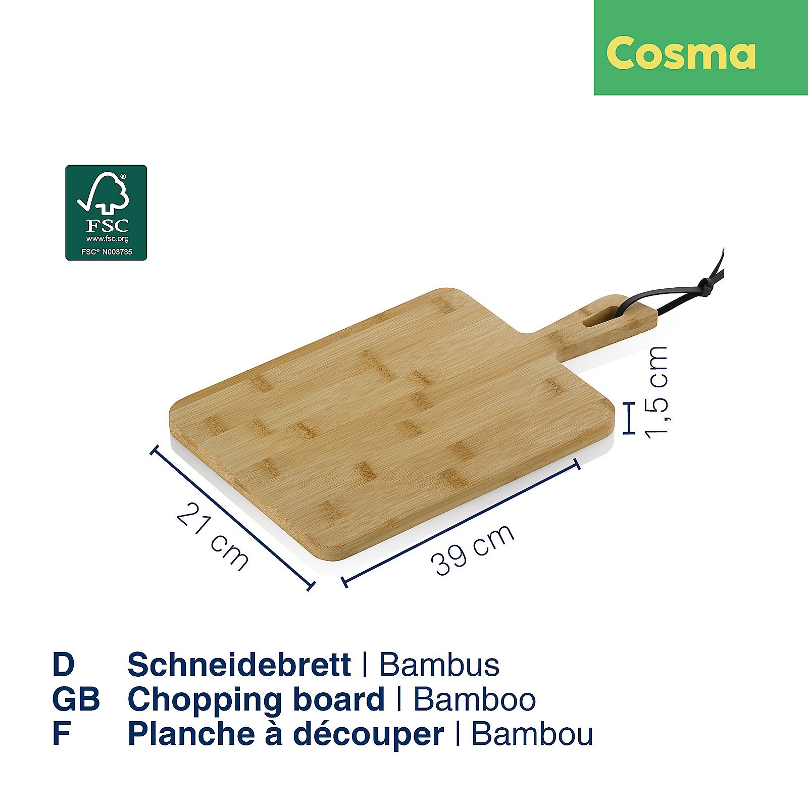 Schneidebrett Cosma 21x1,5x39 cm - Bambus hellbraun