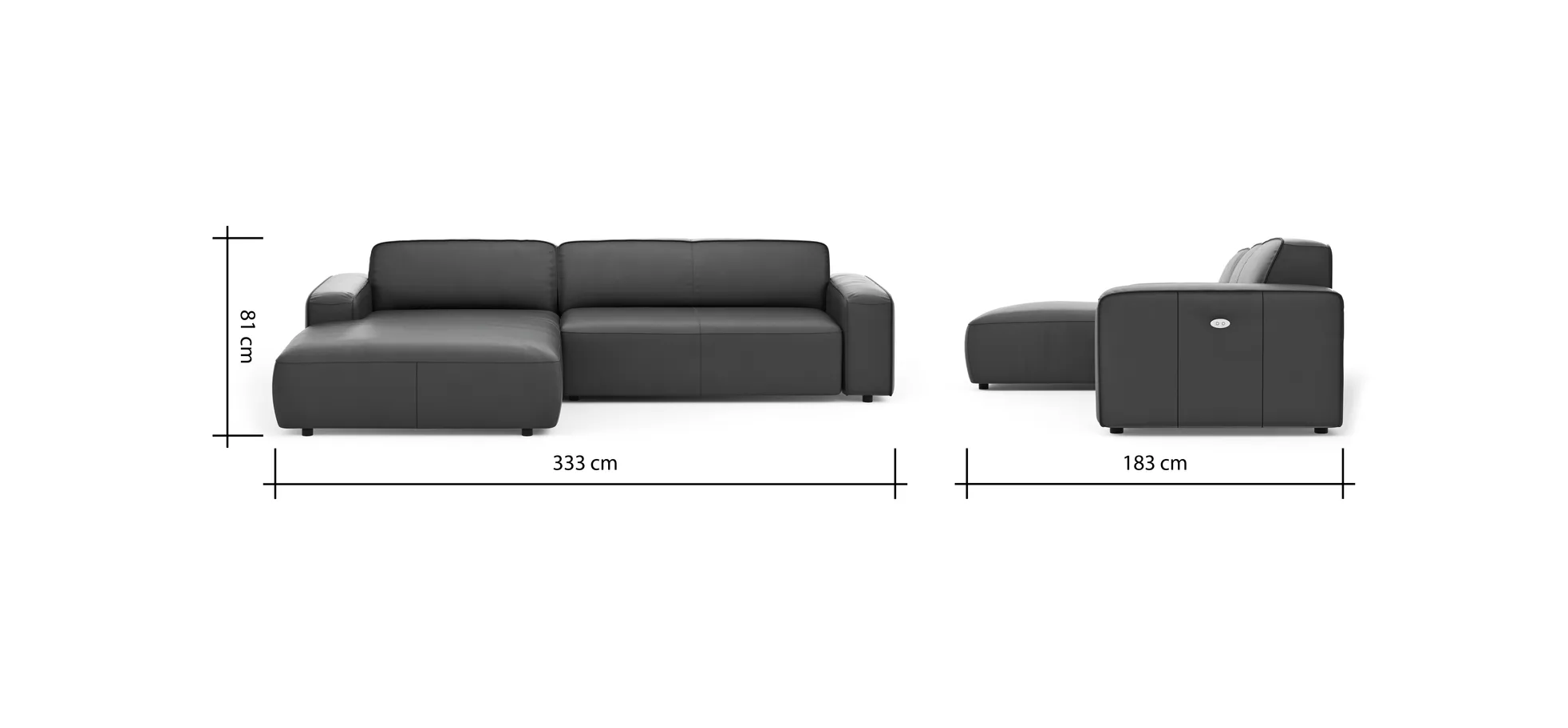 Ecksofa Denver - Longchair links, groß mit 2,5 Sitzer, inkl. Sitzvorzug (motorisch), Leder, Mocca