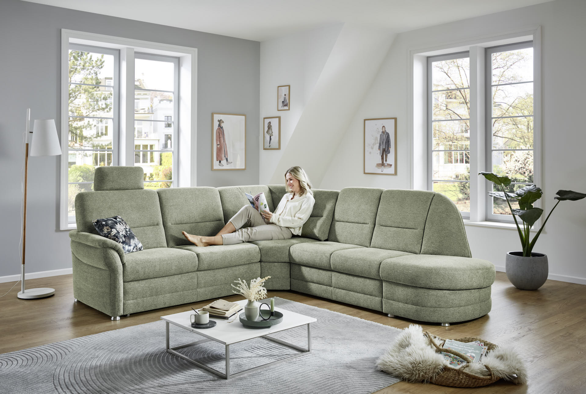 Ecksofa, Stoff grün, Rücken echt - LS404820 Q +
