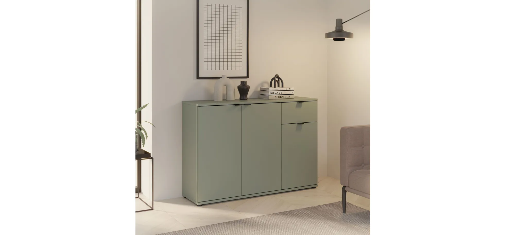 Kommode, Salbei, 3 Türen, 1 Schub - Finella