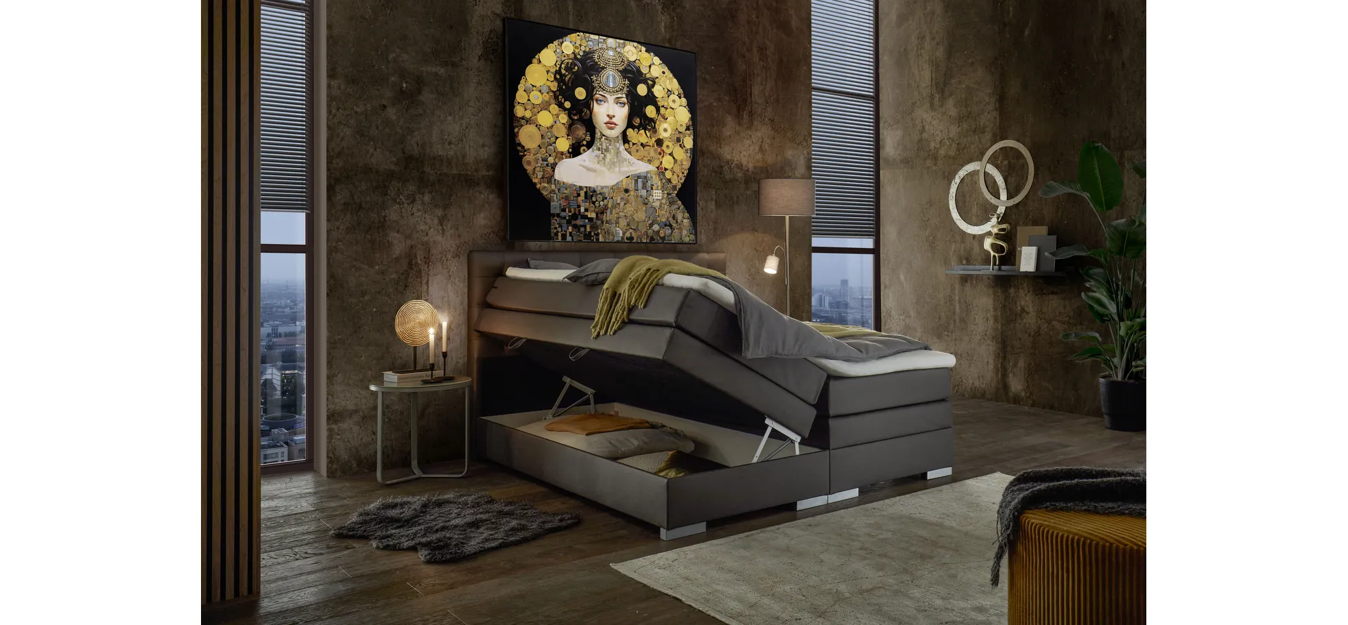 Boxspringbett, Stoff grau   - Sandrin E 