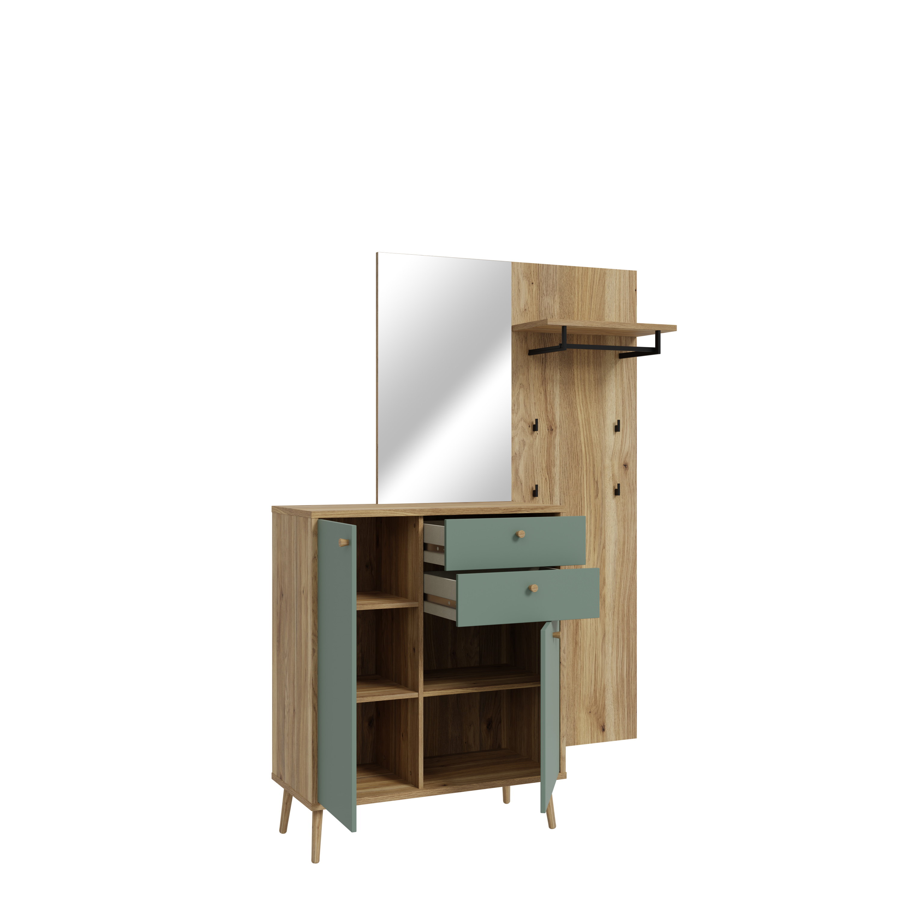 Garderobe, Eiche Dekor, Front graugrün - Firell