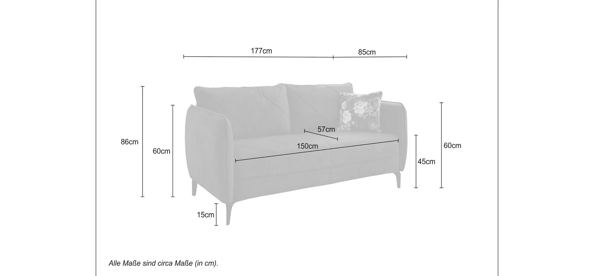 Sofa, 2,5-Sitzer, Rücken echt,177 cm breit - Jerina
