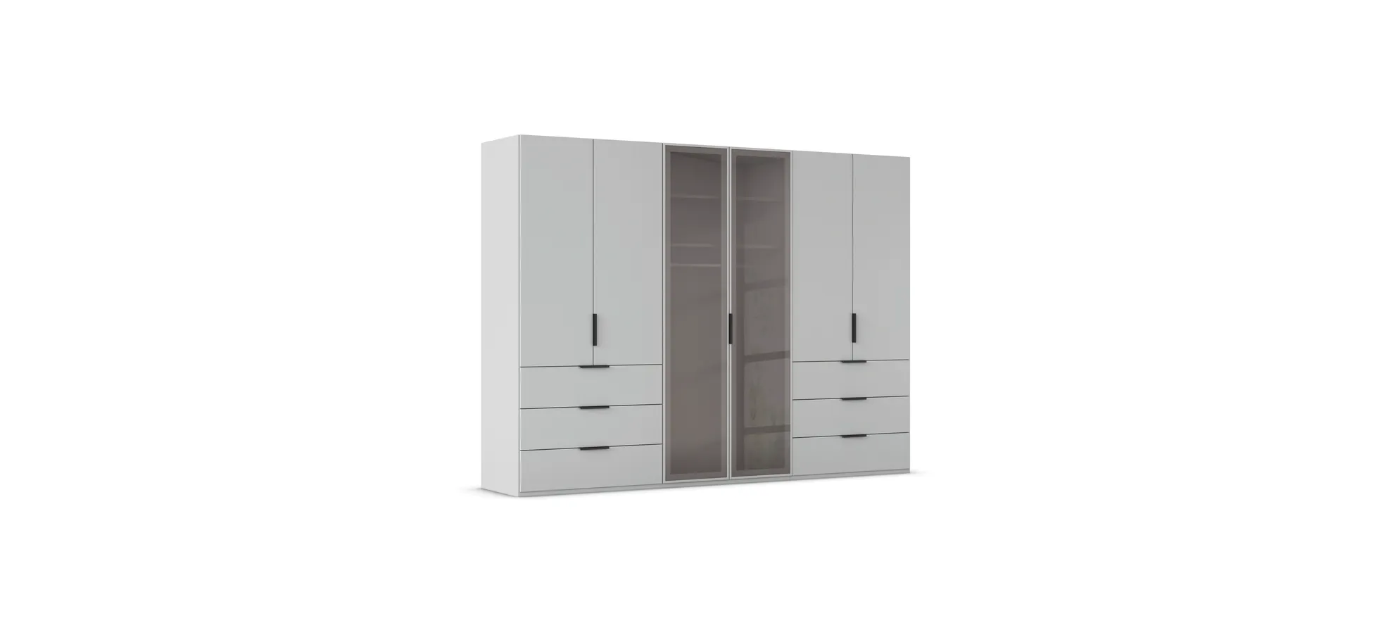 Drehtürenschrank - B. ca. 300 cm, Seidengrau Dekor, Glasrahmentüren Schwarz