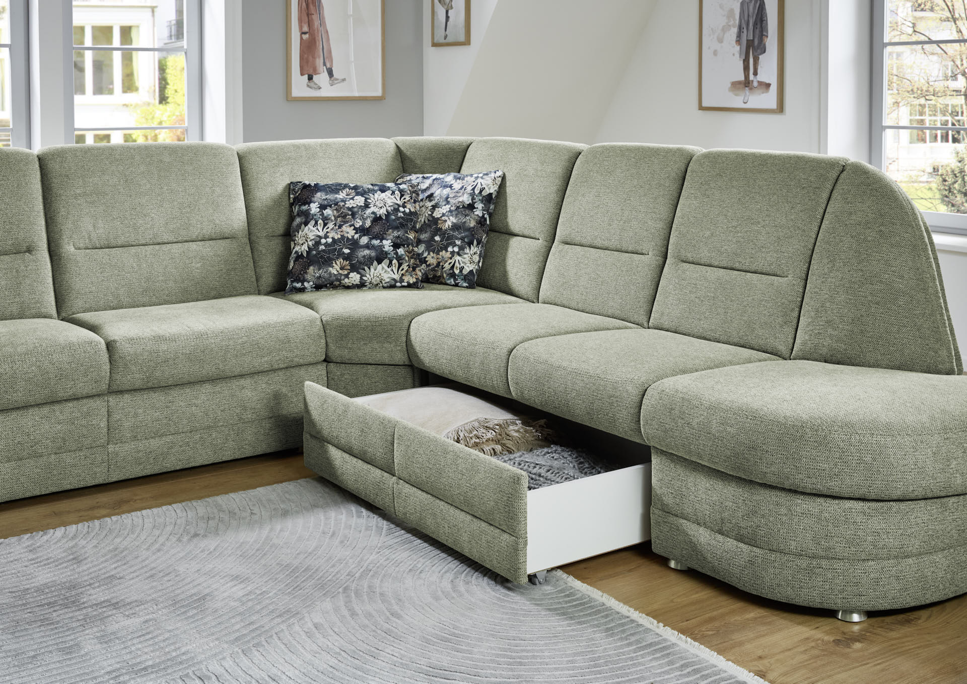 Ecksofa, Stoff grün, Rücken echt - LS404820 Q +
