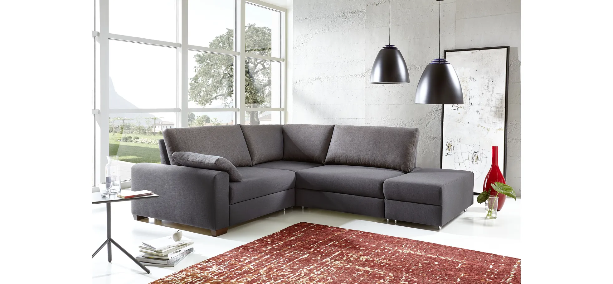 Ecksofa - 3-Sitzer mit Schlaffunktion inkl. Lattenrost, Rückenlehne verstellbar, Stoff, Grau